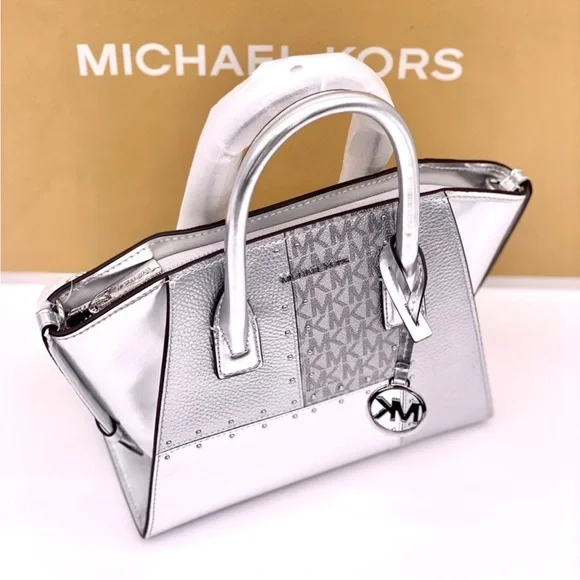 Michael Kors Avril Small Metallic Studded Patchwork Satchel Crossbody Silver